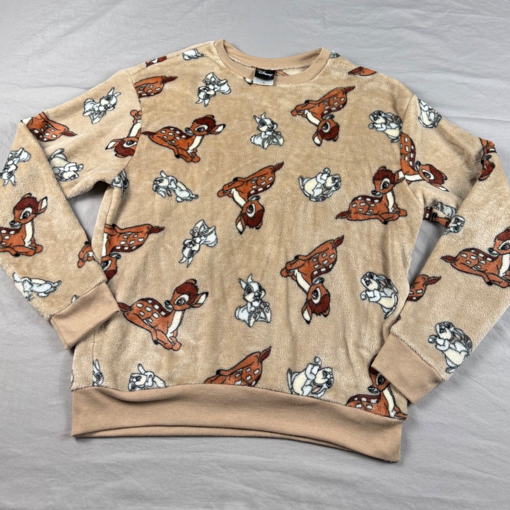Disney Bambi Thumper Fleece Sweatshirt Tan All Over Print Pullover Lrg RN117508